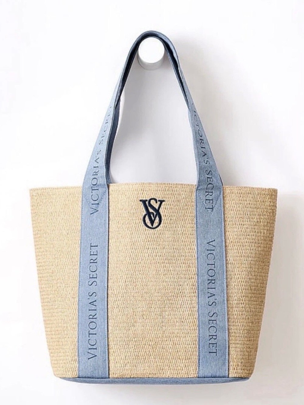 Victoria's Secret Straw Tote with Light Blue Trim